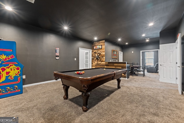 rec room with recessed lighting, carpet flooring, baseboards, and pool table