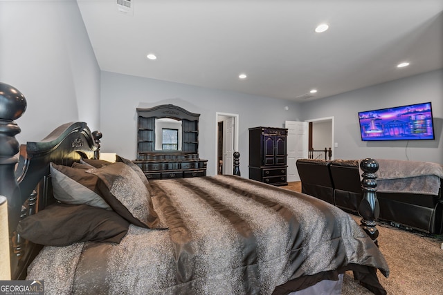 bedroom featuring carpet, visible vents, and recessed lighting