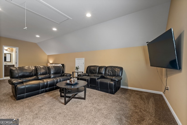 carpeted living area featuring attic access, baseboards, lofted ceiling, and recessed lighting
