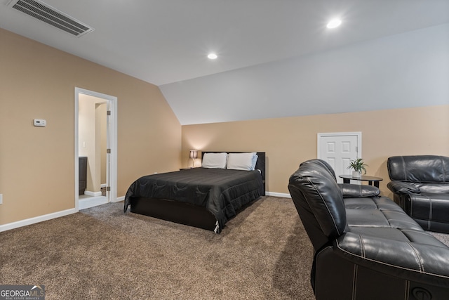 carpeted bedroom featuring baseboards, vaulted ceiling, visible vents, and recessed lighting