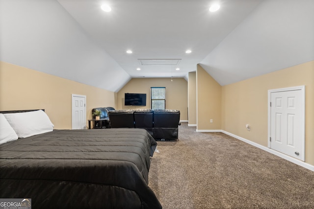bedroom with baseboards, recessed lighting, carpet flooring, attic access, and lofted ceiling