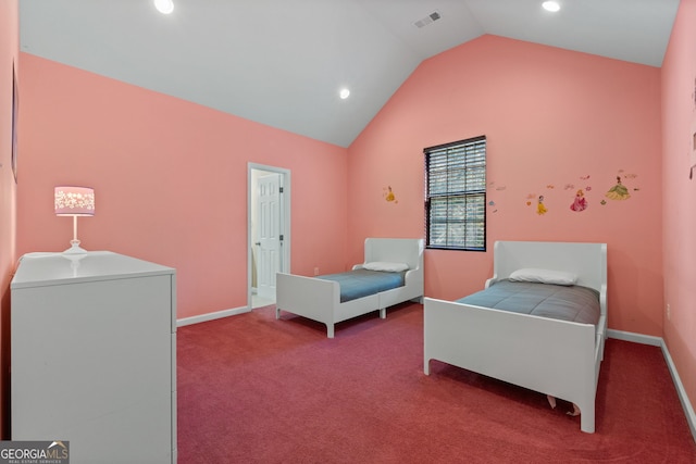 carpeted bedroom featuring high vaulted ceiling, recessed lighting, visible vents, and baseboards