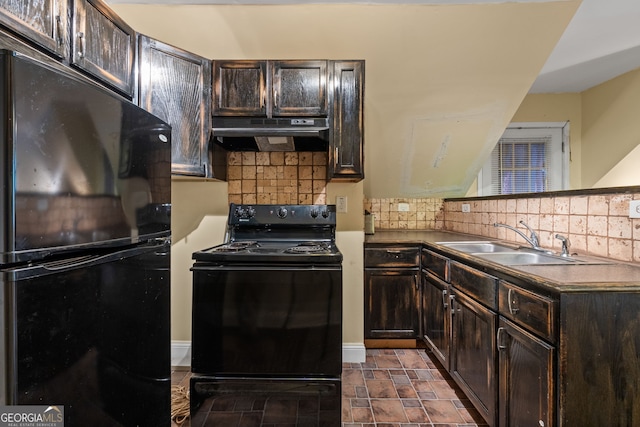 kitchen with dark brown cabinets, black appliances, under cabinet range hood, a sink, and decorative backsplash
