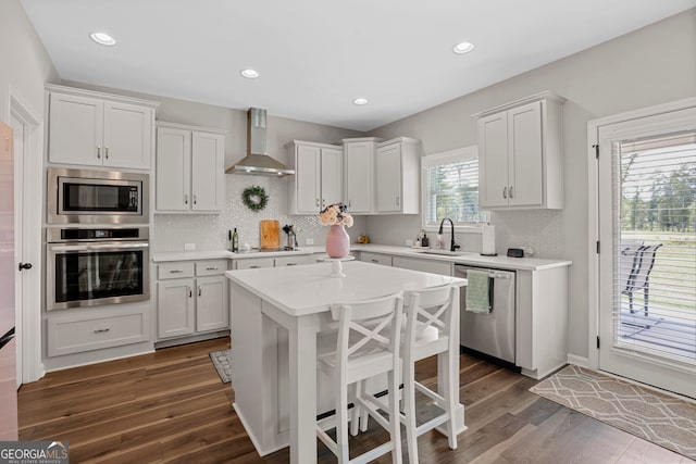 kitchen featuring dark hardwood / wood-style floors, sink, white cabinetry, wall chimney exhaust hood, and stainless steel appliances