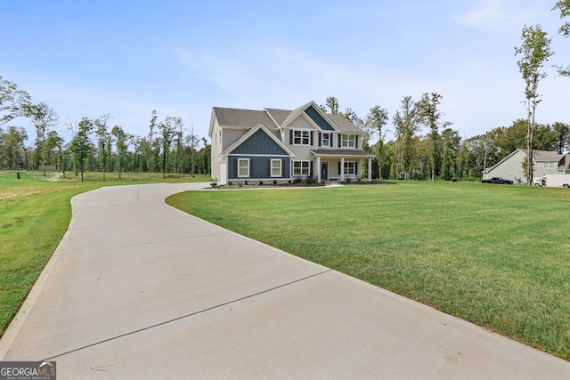 craftsman house with a front lawn and covered porch