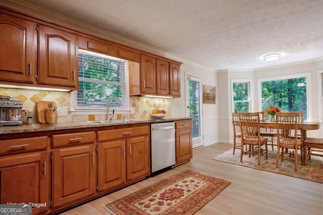 kitchen featuring stainless steel dishwasher, sink, tasteful backsplash, and light hardwood / wood-style flooring