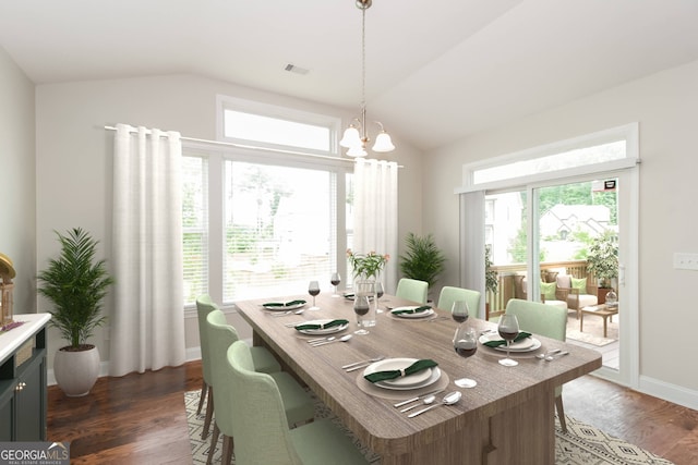 dining room featuring vaulted ceiling, dark wood-type flooring, and a notable chandelier