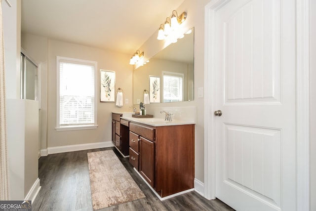 bathroom with wood-type flooring, vanity, and a wealth of natural light