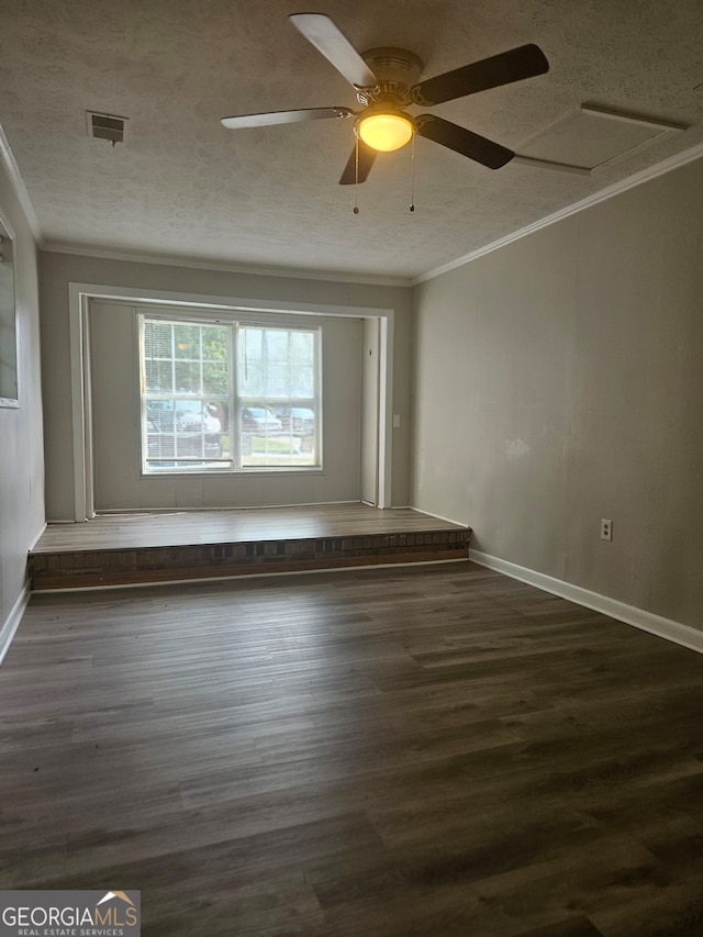 unfurnished room featuring a textured ceiling, crown molding, dark hardwood / wood-style flooring, and ceiling fan