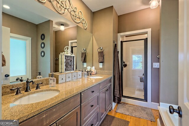 bathroom featuring hardwood / wood-style flooring, vanity, and an enclosed shower