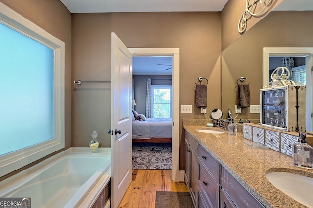 bathroom featuring vanity, hardwood / wood-style flooring, and a bathtub