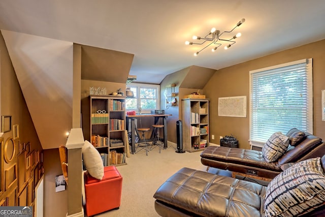 living room with a notable chandelier, vaulted ceiling, and light colored carpet