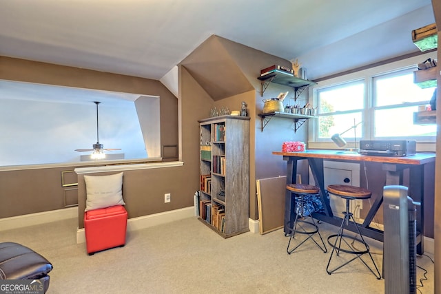 rec room featuring vaulted ceiling, ceiling fan, and carpet floors