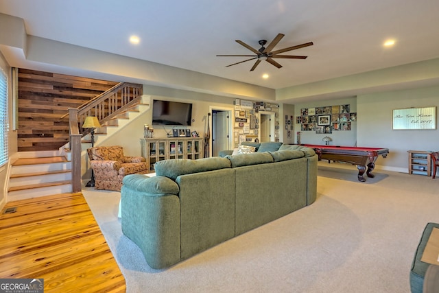 carpeted living room featuring pool table and ceiling fan