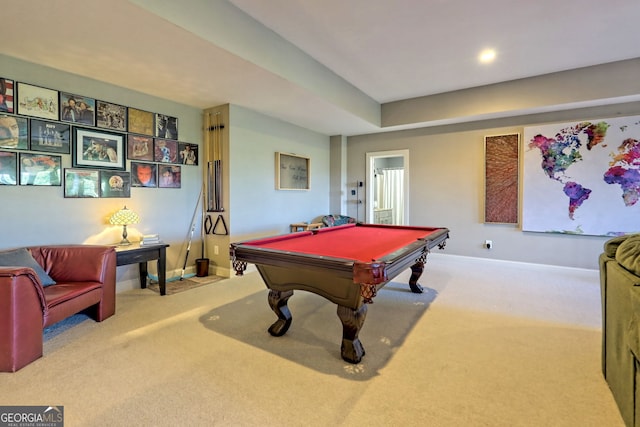 rec room with light carpet and billiards