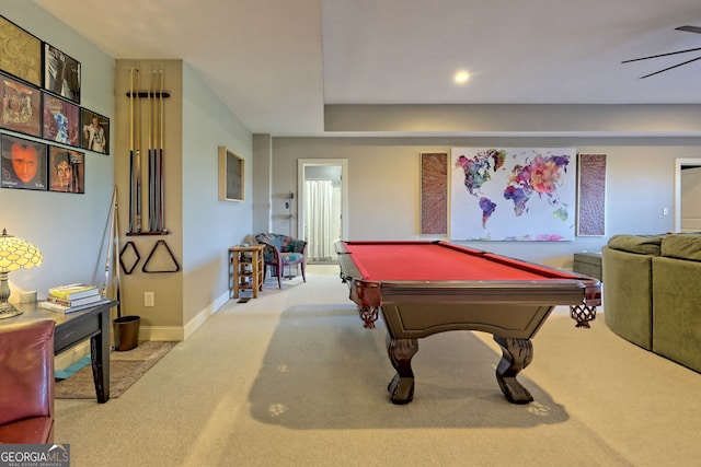 recreation room with light carpet, pool table, and ceiling fan