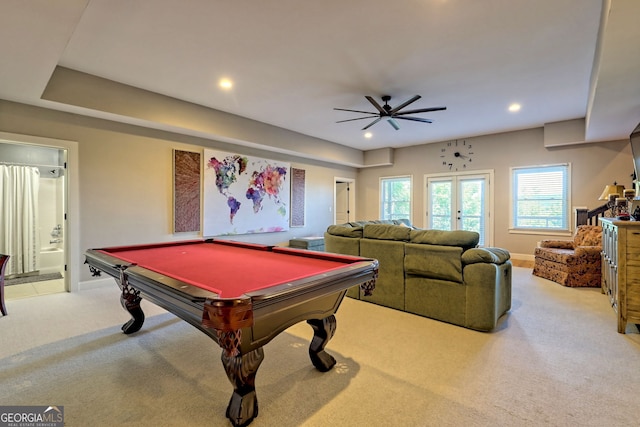 playroom featuring ceiling fan, light colored carpet, billiards, and french doors