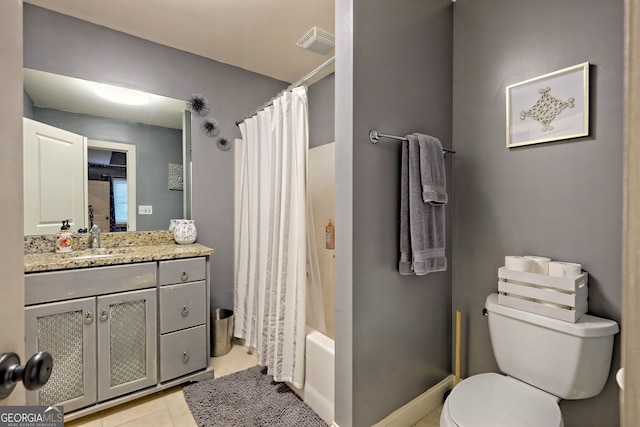 full bathroom with vanity, toilet, tile patterned floors, and shower / bath combination with curtain