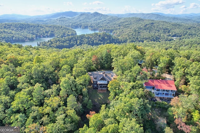 drone / aerial view with a water and mountain view