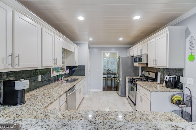 kitchen with decorative backsplash, sink, white cabinets, and appliances with stainless steel finishes