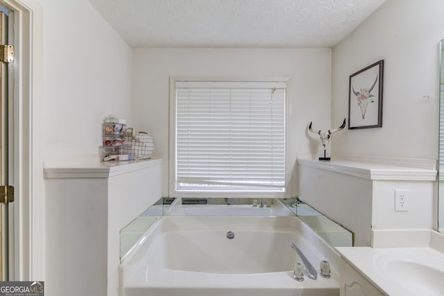 bathroom with a bathtub, vanity, and a textured ceiling