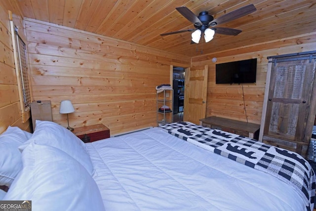 bedroom featuring wood ceiling, wood walls, and ceiling fan