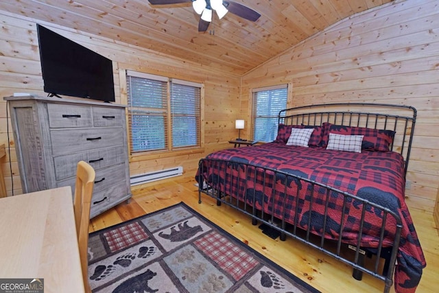 bedroom with wood ceiling, vaulted ceiling, wood-type flooring, ceiling fan, and a baseboard radiator