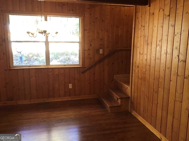 interior space featuring dark hardwood / wood-style flooring and wood walls