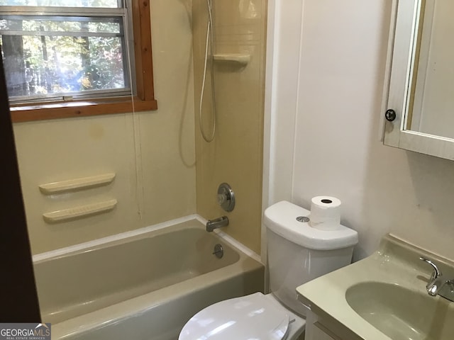 full bathroom with vanity,  shower combination, and toilet