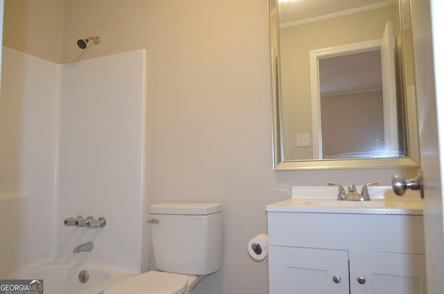 full bathroom with vanity, shower / bath combination, and toilet