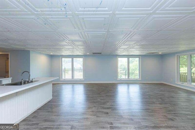 unfurnished living room featuring sink and dark wood-type flooring