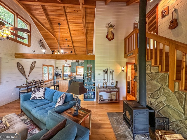 living room with wood ceiling, beamed ceiling, wooden walls, a wood stove, and hardwood / wood-style flooring