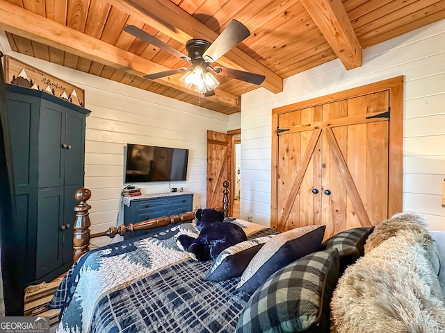 bedroom featuring ceiling fan, wooden ceiling, wooden walls, and beamed ceiling