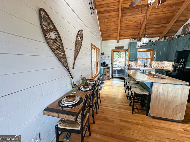 kitchen featuring wooden walls, wooden ceiling, light wood-type flooring, wooden counters, and lofted ceiling with beams