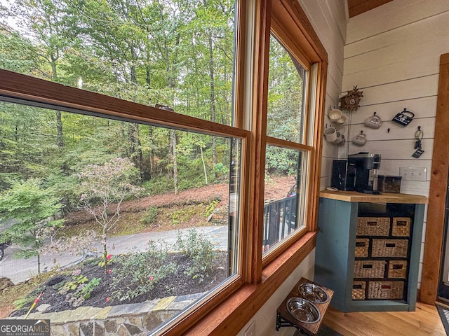 details featuring wood walls and hardwood / wood-style flooring