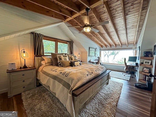 bedroom with wood ceiling, wooden walls, dark hardwood / wood-style flooring, and vaulted ceiling with beams