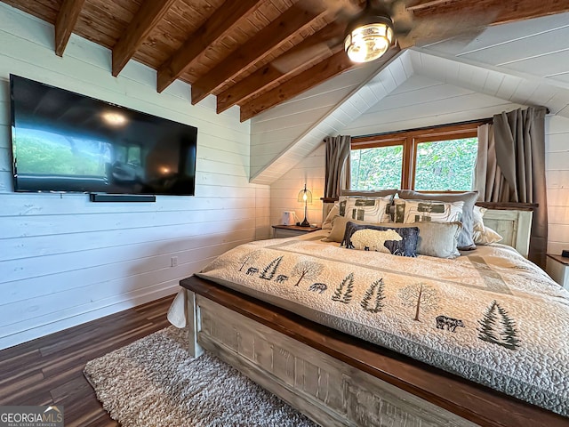 bedroom featuring wood walls, lofted ceiling with beams, wood ceiling, and dark hardwood / wood-style floors