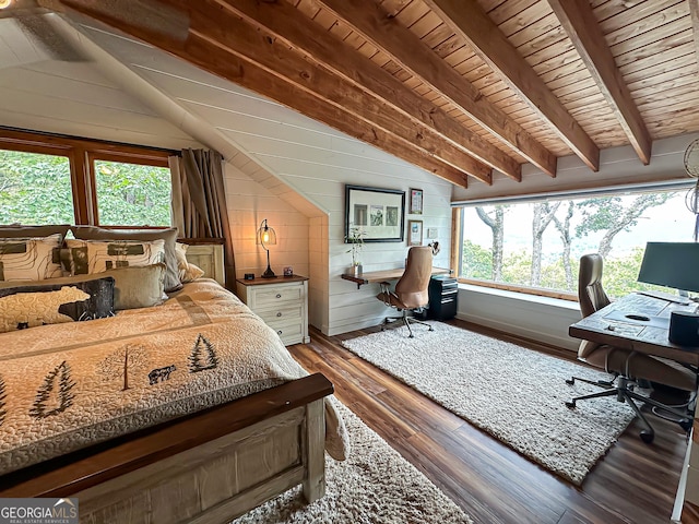 bedroom with dark hardwood / wood-style flooring, wood walls, vaulted ceiling with beams, and wood ceiling