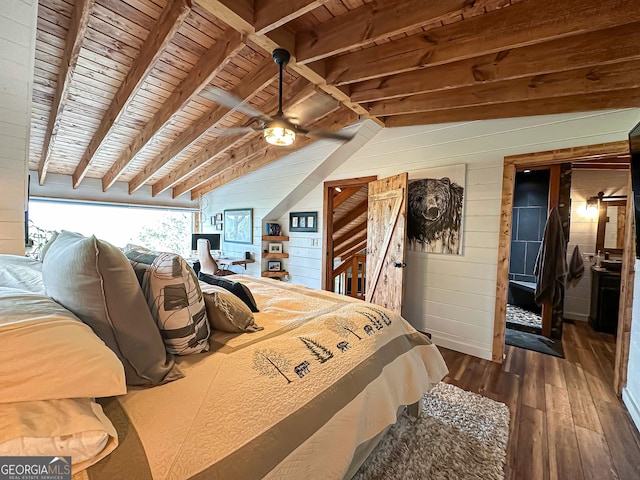 bedroom featuring dark wood-type flooring, lofted ceiling with beams, wood walls, ceiling fan, and wooden ceiling