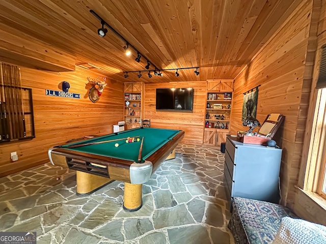 game room featuring track lighting, wooden walls, billiards, and built in features