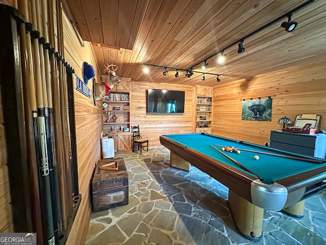 playroom featuring wooden walls, wooden ceiling, pool table, built in features, and track lighting