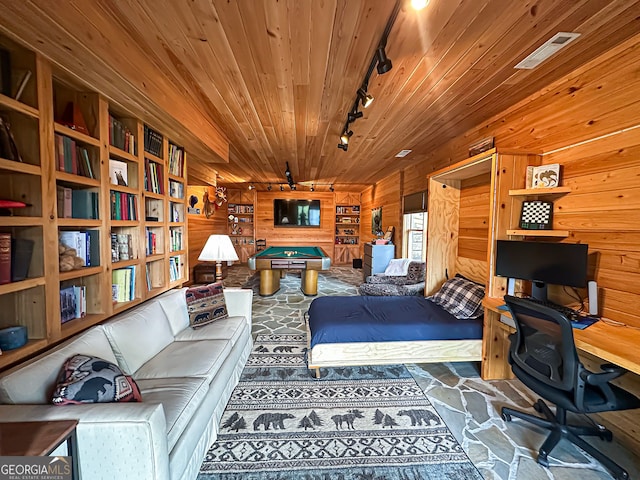 interior space featuring pool table, wooden ceiling, wood walls, and rail lighting