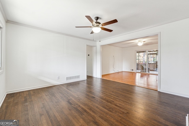 unfurnished room featuring dark hardwood / wood-style floors, ceiling fan, and crown molding