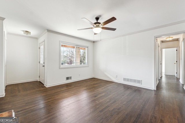 interior space featuring dark hardwood / wood-style floors, ceiling fan, and crown molding