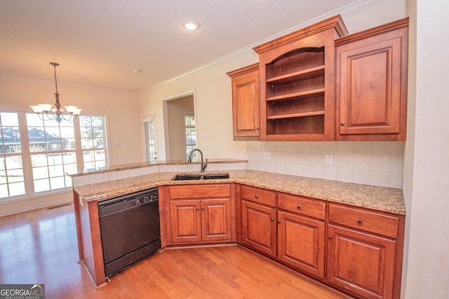 kitchen featuring sink, kitchen peninsula, dishwasher, crown molding, and light hardwood / wood-style floors