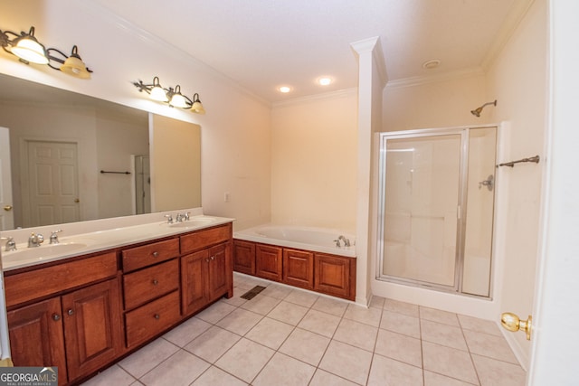 bathroom featuring ornamental molding, tile patterned flooring, separate shower and tub, and vanity