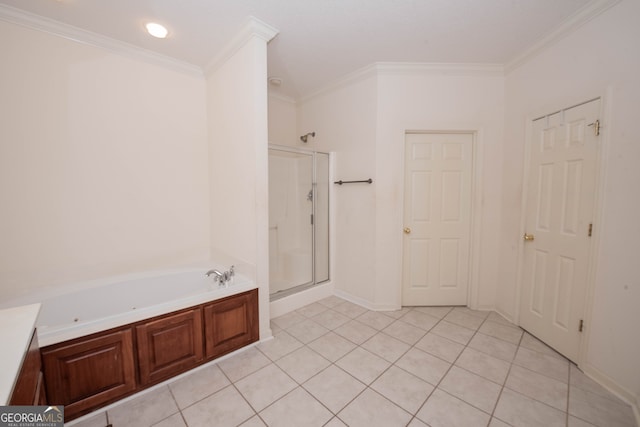 bathroom with ornamental molding, tile patterned floors, vanity, and independent shower and bath