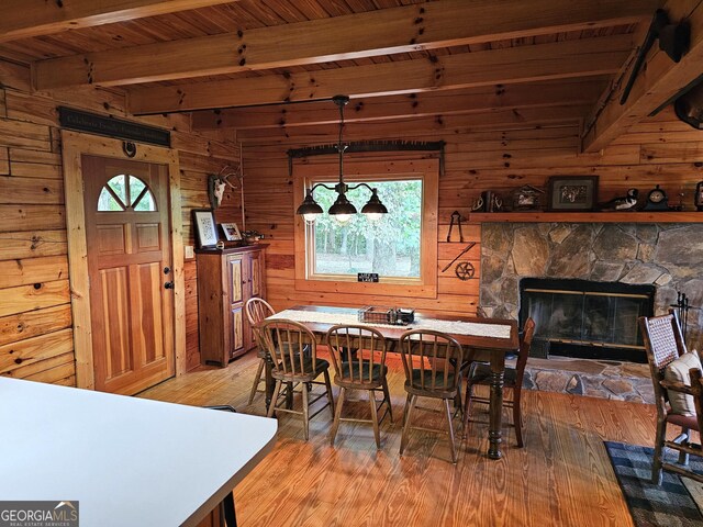 interior space with hardwood / wood-style floors and wood walls