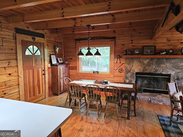 dining space featuring a fireplace, light wood-type flooring, beam ceiling, wood walls, and wooden ceiling