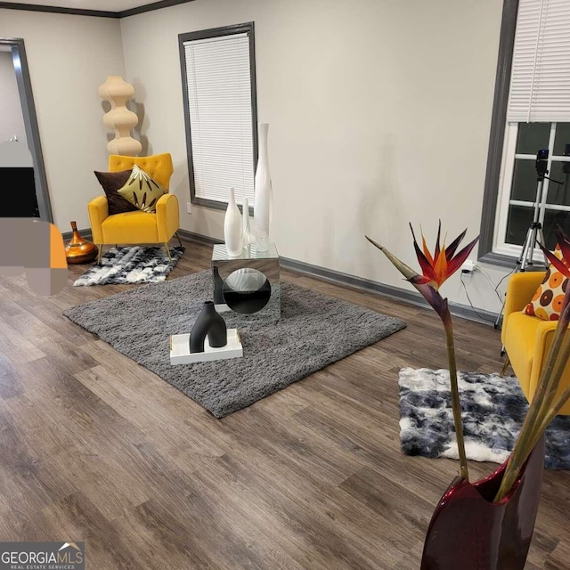 sitting room with hardwood / wood-style flooring and crown molding